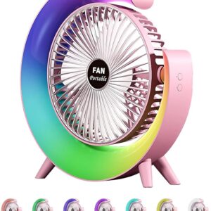 Colorful Deskstop Table Fan with RGB LED Light 3 Speeds G Shape Quiet Fan 180° Adjustable for Office, Home and Outdoor - Rechargeable (Random color)