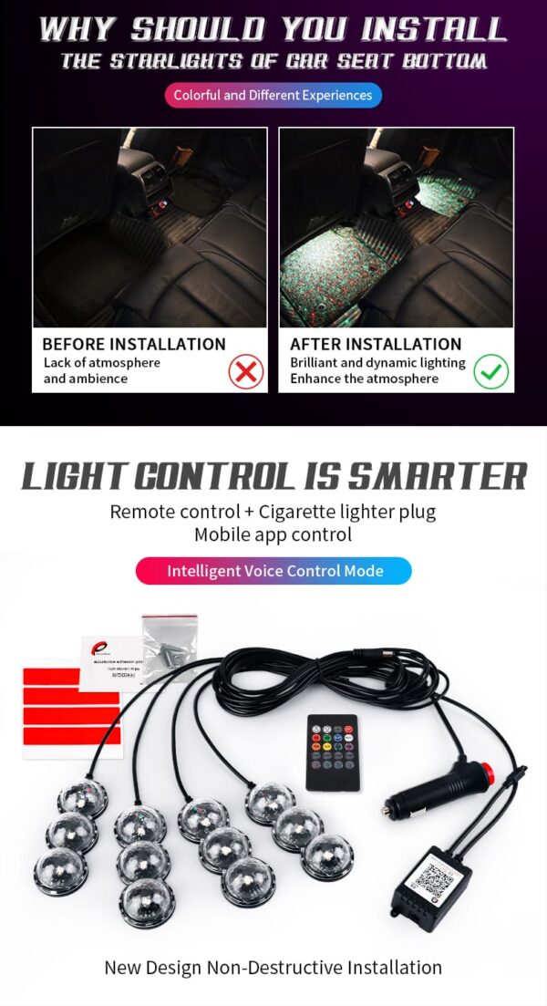 Car Led Foot light Ambient Atmosphere Light 4 in 1 RGB Sound Remote Decorative light Interior lighting Ambient Light Cigarette Bluetooth And Remote Operated - Image 7