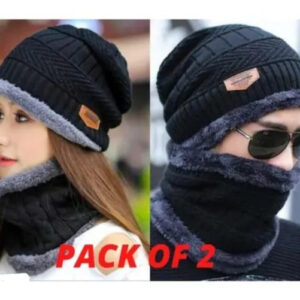 Couple Pack of 2 Combo - woolen winter beanie Head cap with neck warmer muffler for men and women (Black)